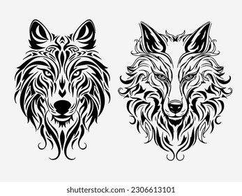 wolf head tribal tattoo black and white illustration logo set