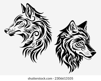 wolf head tribal tattoo black and white illustration logo set