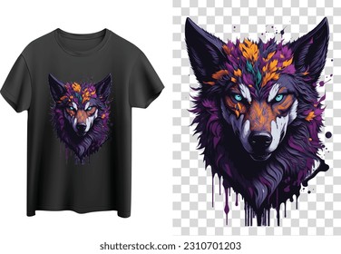 Wolf Head T-shirt Design, Wolf Illustration, Wolf Head Vector For T-shirt, T-shirt Artwork, Transparent Background, T-shirt mockup, Wolf with flower splash, Splash Art