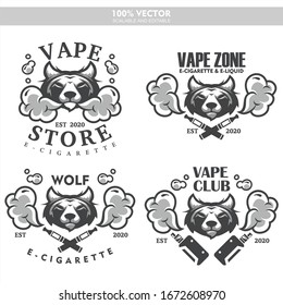 Wolf head vapor e-cigarette vape vaporizer cigarette vape vaporizer electrical electronic smoke vaping label set Vintage style logo. Scalable and editable Vector illustration.