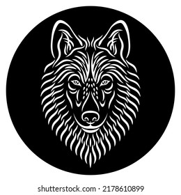 Wolf head vector drawing. The head of a wolf or a dog drawn with white strokes on a black background. Can be used for printing on t-shirts, posters, stickers. Calligraphic drawing. Tattoo design.