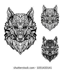 Wolf head - vector engraving hand drawing. Tattoo, print on T-shirts and stickers - portrait of an animal isolated on white background. Three versions - tribal original style 