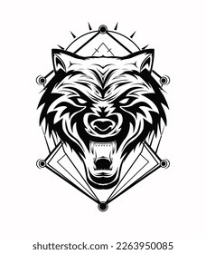 Wolf head vector illustration in black and white color