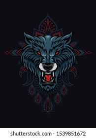 Wolf head vector illustration with mandaDla as the background ornament, suitable for apparel merchandise, t-shirt or outerwear.