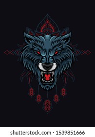 Wolf head vector illustration with mandala as the background ornament, suitable for apparel merchandise, t-shirt or outerwear. svg