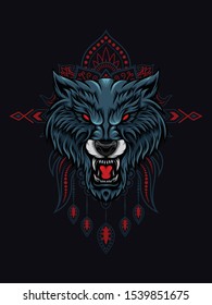 Wolf head vector illustration with mandala as the background ornament, suitable for apparel merchandise, t-shirt or outerwear.