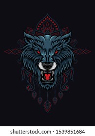 Wolf head vector illustration with mandala as the background ornament, suitable for apparel merchandise, t-shirt or outerwear.