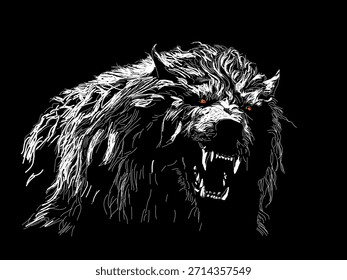 Wolf head. Vector illustration of a sketch of a dangerous wild animal with glowing yellow eyes and a sinister grin on a black background. Perfect for your projects featuring the power and alluring dan