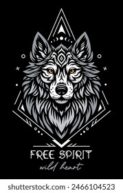 Cabeza de lobo, Vector tótem espíritu animal con cita: espíritu libre, corazón salvaje, diseño animal sagrado, poder animal boho ilustración.