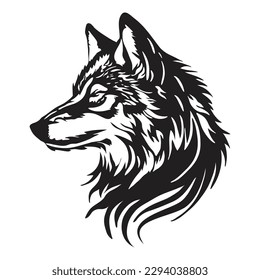 Vector de cabeza de lobo. Tatuaje tribal. Silueta negra de fondo blanco.
