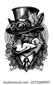 wolf head wearing sunglass and hat with suite cool illustration