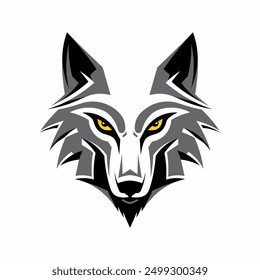 a wolf head with yellow eyes and a black and white background