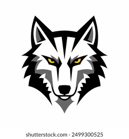 a wolf head with yellow eyes and a black and white logo