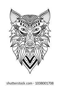 Wolf head Zentangle style isolated on white background. Hand Drawn Black color, Vintage sketch for tattoo design - vector illustration
