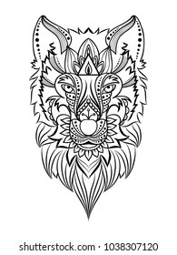 Wolf head Zentangle style isolated on white background. Hand Drawn Black color, Vintage sketch for tattoo design - vector illustration