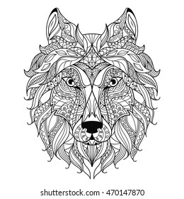 Wolf head zentangle stylized, coloring page. svg