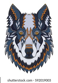 Wolf head zentangle stylized, vector, illustration, freehand pencil, hand drawn, pattern. Zen art. Ornate vector. Color illustration on white background.