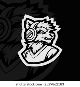 Lobo com fone de ouvido mascote animal esport personagem logotipo design, preto branco