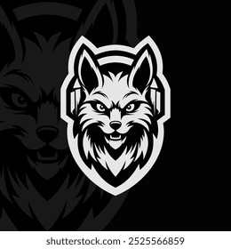 Wolf with headset, mascot esport illustration, black white