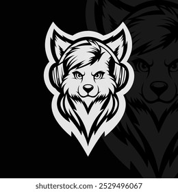 Wolf with headset, mascot esport illustration logo design, black white