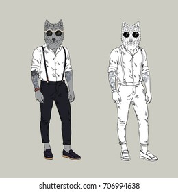 wolf hipster, furry art illustration, fashion animals