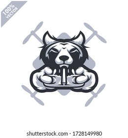 Wolf holding Drone controller. Mascot logo for drone racing team, drone club or store. Design element for company logo, label, apparel or other merchandise. Scalable and editable vector illustration.