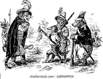 Lobo sosteniendo conejo y mostrando al tigre parado frente a él, otros dos animales con pistolas parados detrás del lobo, dibujo vintage de líneas o ilustración grabadora