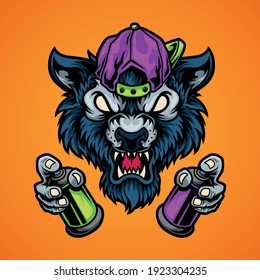 Wolf holding spray cat vector illustration