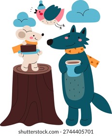 Wolf holds a mug while a mouse on a stump and a bird in a hat gather under clouds in a cozy scene. Friendship, warmth, and winter comfort with woodland pals. Cartoon vector illustration.