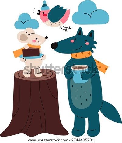 Wolf holds a mug while a mouse on a stump and a bird in a hat gather under clouds in a cozy scene. Friendship, warmth, and winter comfort with woodland pals. Cartoon vector illustration.