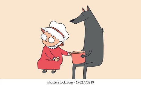 The Wolf Holds Popcorn In The Bucket But Grandma Wants To Take It, Grandma Sits Next To The Wolf,vector,cartoon.