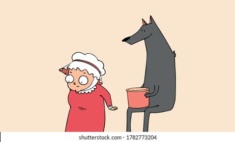 The Wolf Holds Popcorn Of Bucket In His Hand But Grandma Goes Down,cartoon,vector.