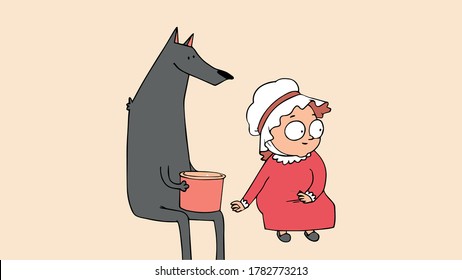 The Wolf Holds Popcorn Of Bucket In His Hand But Grandma Sits Next To Him And Smiles, Wolf Smiles,vector.cartoon.