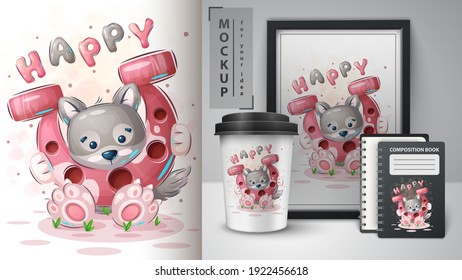 Wolf with horseshoe - cute cartoon animal character. Vector eps 10