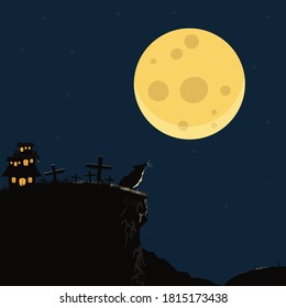 Wolf and house in tomb at the night vector illustration