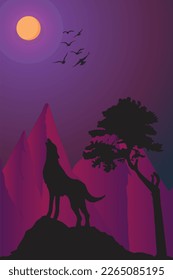 Wolf howl, growl, moan under full moon night, dark background with rock and mountains