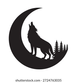 Lobo uivando na lua crescente na silhueta da paisagem da floresta