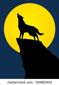 Wolf howling, designed using silhouette on moonlight background graphic vector.