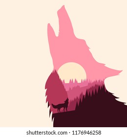 The wolf is howling. Double exposure. Evening landscape in the form of a wolf's head