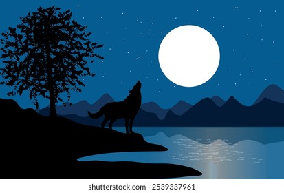 A Wolf Howling at the Full Moon by the Lake