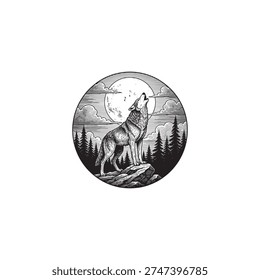 Wolf howling at the full moon in a forest at night, circular graphic illustration, vintage style