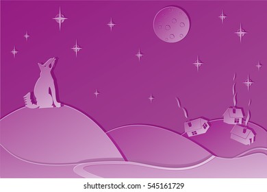 Wolf Howling at Full Moon in Front of Night Winter Country Landscape with Stars Snow Hills and Village Houses Vector Illustration - Monochrome Elements on Purple Background - Gradient Graphic Design