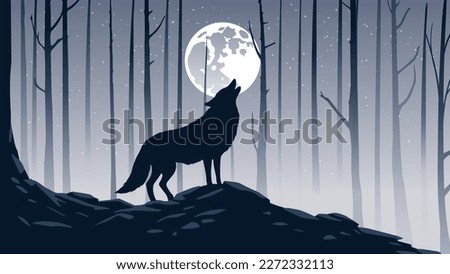 A wolf howling at the full moon in a landscape with tall trees and a starry sky