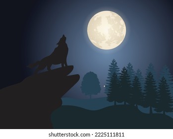 Wolf howling at full moon night design vector illustration