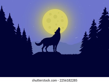 wolf howling at the full moon in the night forest vector illustration