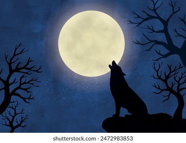 Wolf howling in full moon sky and scary trees watercolor