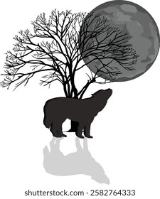 Wolf howling in full moon sky and scary tree black color.illustration.vector.