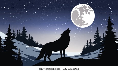 Ein Wolf heult auf Vollmond in einer schneebedeckten Landschaft mit Kiefern und Sternenhimmel