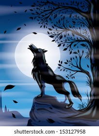 Wolf howling,  full moon, twilight (Vector)