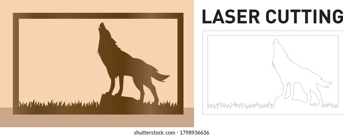 Wolf howling in grass field, wall art frame laser cutting template